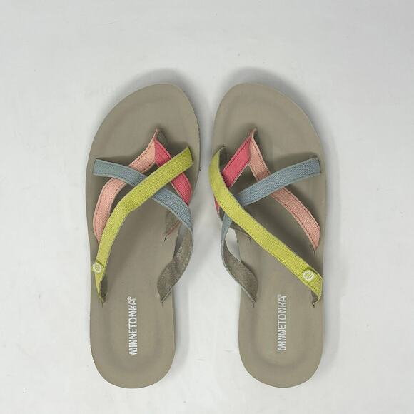 Minnetonka Multicolor Hanna Sandal Womens 10 Coral Blue Yellow Cushion Strappy - Picture 7 of 8